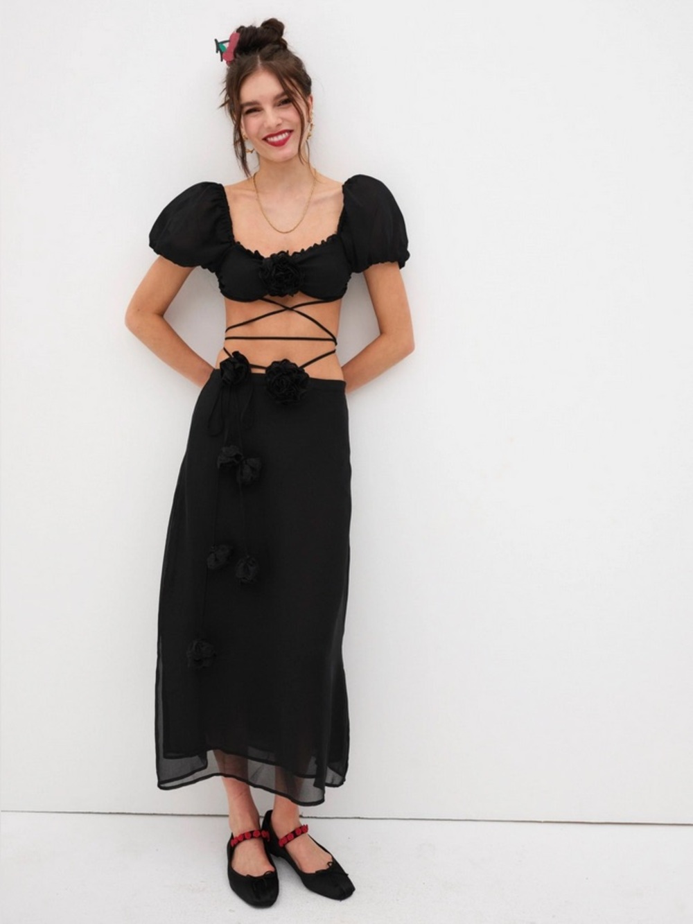 For Love & Lemons Adella Top & Melody Midi Skirt Set Black Rosette | M